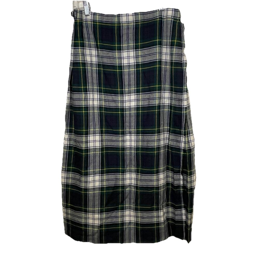 Vintage Deans Of Scotland Tartan Wool Plaid Blue/Green Wrap Skirt Size S/M -27